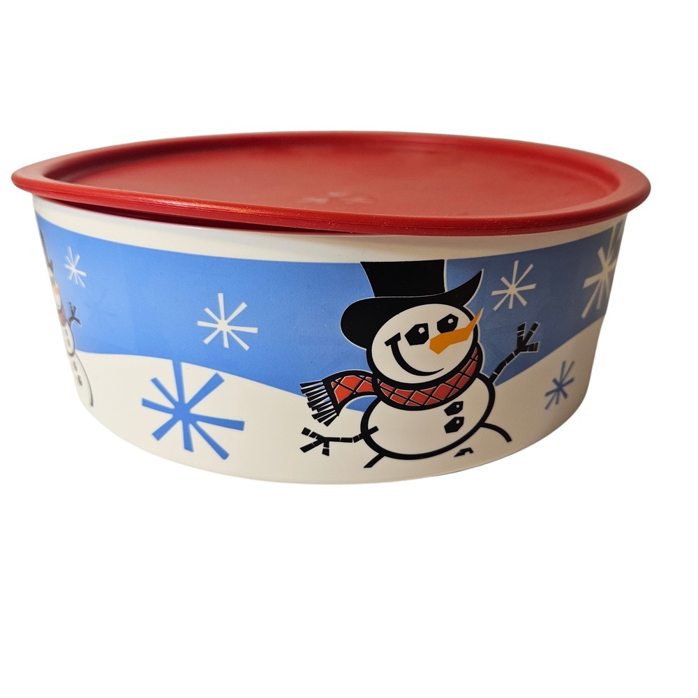 Tupperware Snowman Holiday Storage Bowl 3421A-1 Red One Touch Lid 9.5 Inch Round